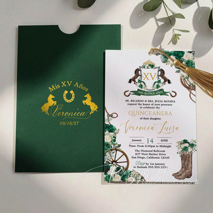 rustic western quince invitations in green white gold