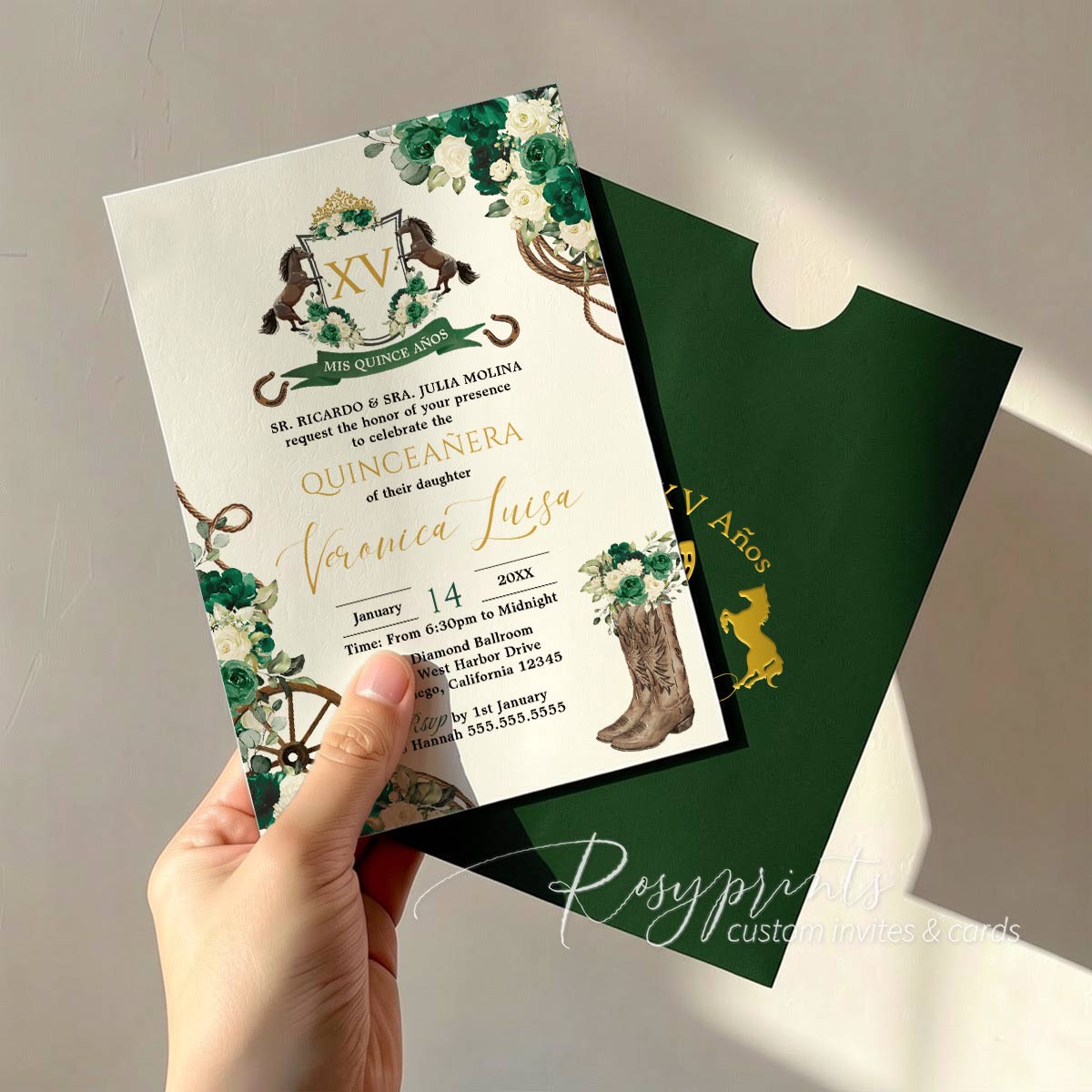 rustic western quince invitations in green white gold
