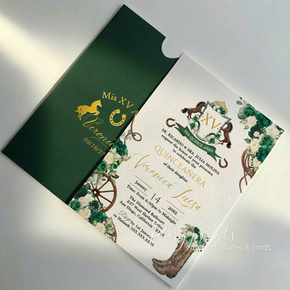 rustic western quince invitations in green white gold