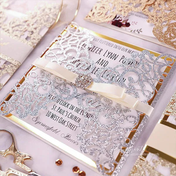 Classy Silver and Gold Wedding Invitations with Bling Stone