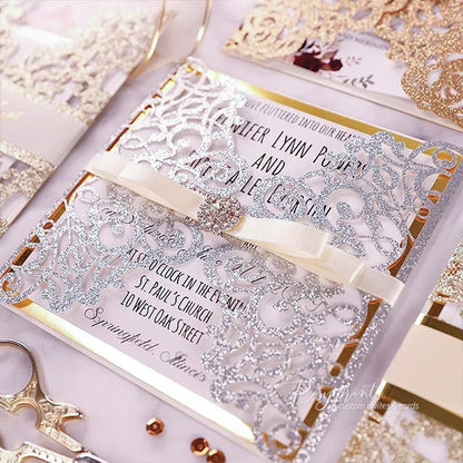 Classy Silver and Gold Wedding Invitations with Bling Stone