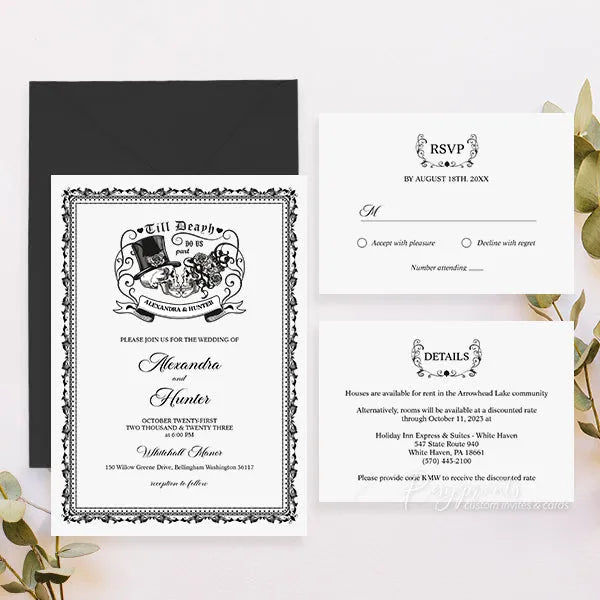 Halloween black skeleton gothic wedding invitations RPS42 - Rosy Prints