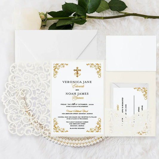 formal gold white roman church catholic wedding invitations 