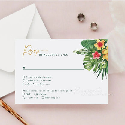 tropical hibiscus floral palm leaves acrylic wedding invitations