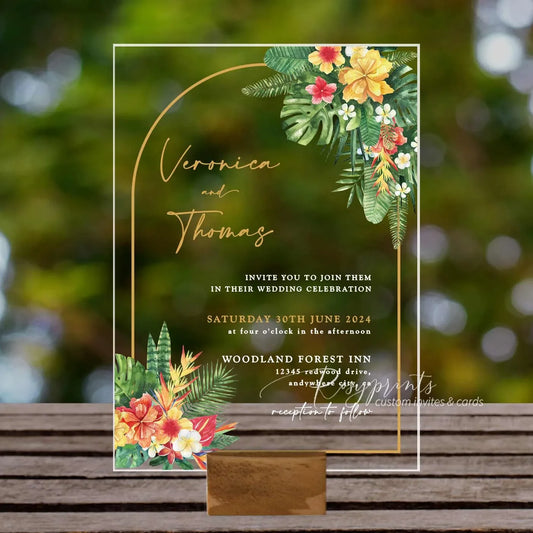 tropical hibiscus floral palm leaves acrylic wedding invitations