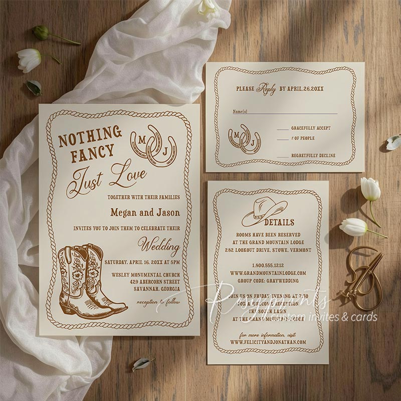 hand drawn cowboy boots western wedding invites RPF57