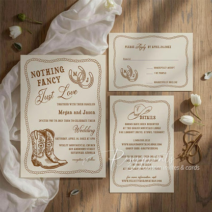 hand drawn cowboy boots western wedding invites RPF57