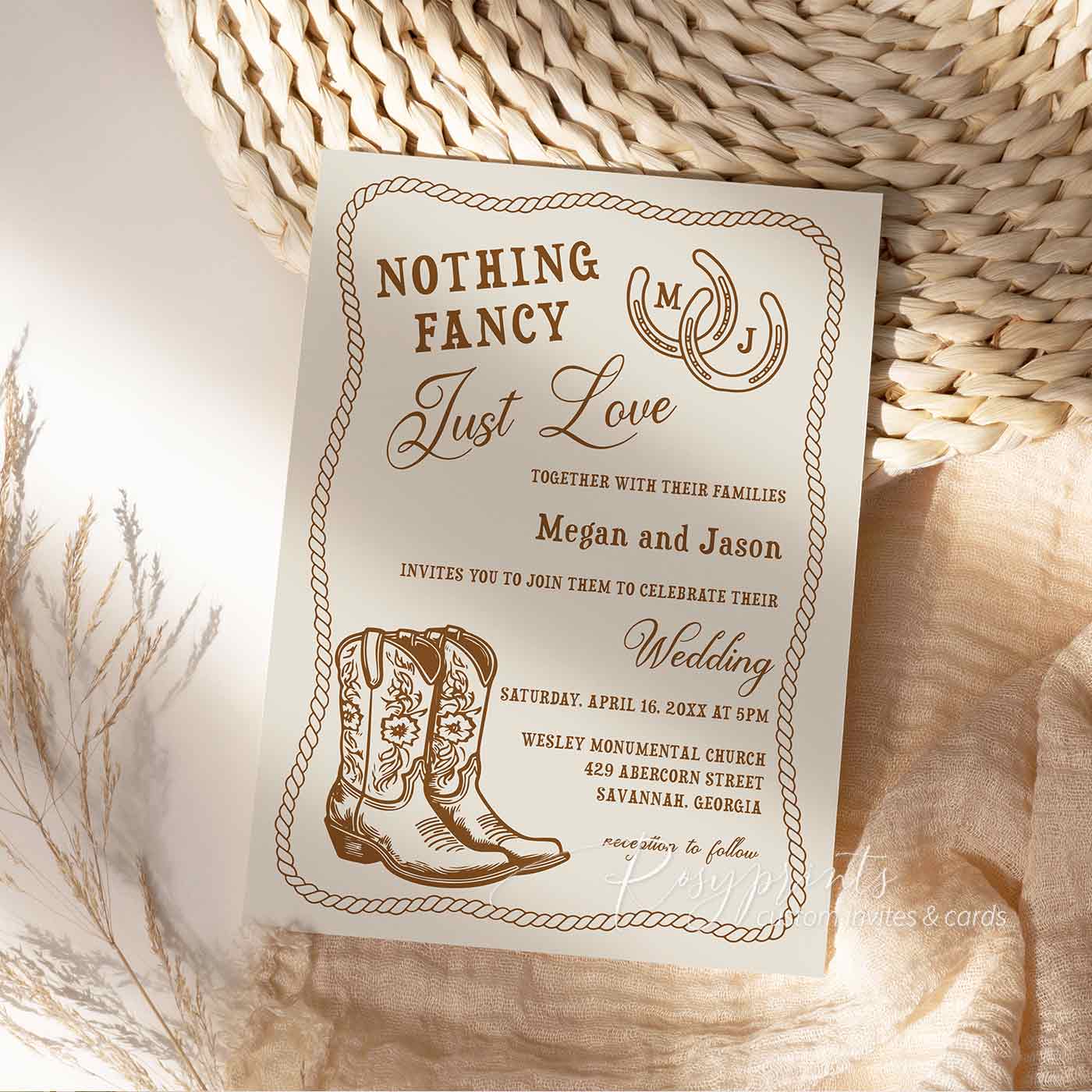 hand drawn cowboy boots western wedding invites RPF57
