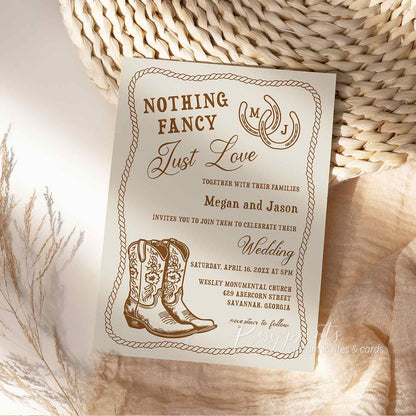 hand drawn cowboy boots western wedding invites RPF57