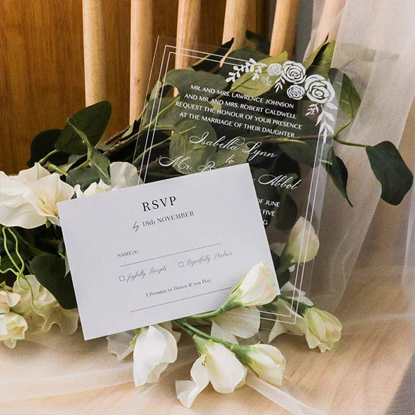 elegant white rose clear acrylic wedding invitations