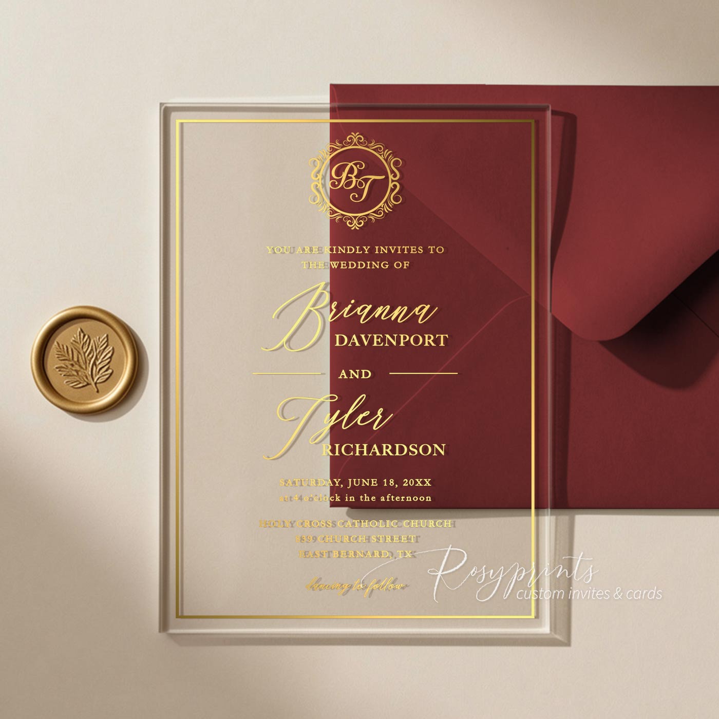 Gold foil monogram clear acrylic glass invitations ROSYA129