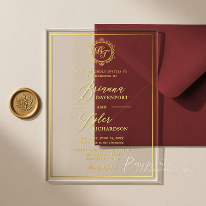 Gold foil monogram clear acrylic glass invitations ROSYA129
