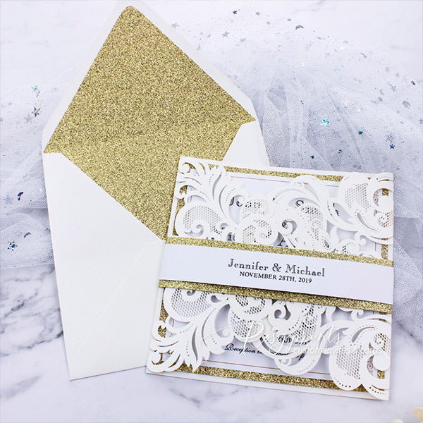elegant classy ivory and gold glitter laser cut wedding invitations