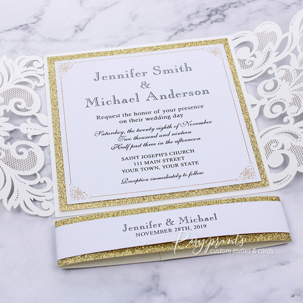 elegant classy ivory and gold glitter laser cut wedding invitations