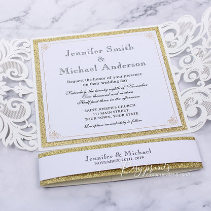 elegant classy ivory and gold glitter laser cut wedding invitations