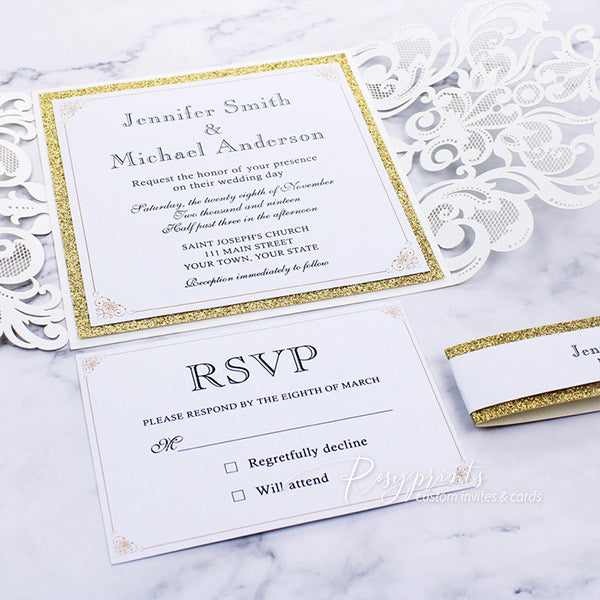 elegant classy ivory and gold glitter laser cut wedding invitations