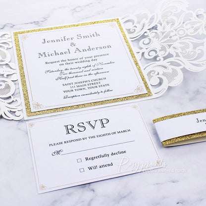 elegant classy ivory and gold glitter laser cut wedding invitations