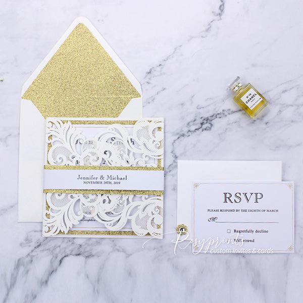 elegant classy ivory and gold glitter laser cut wedding invitations