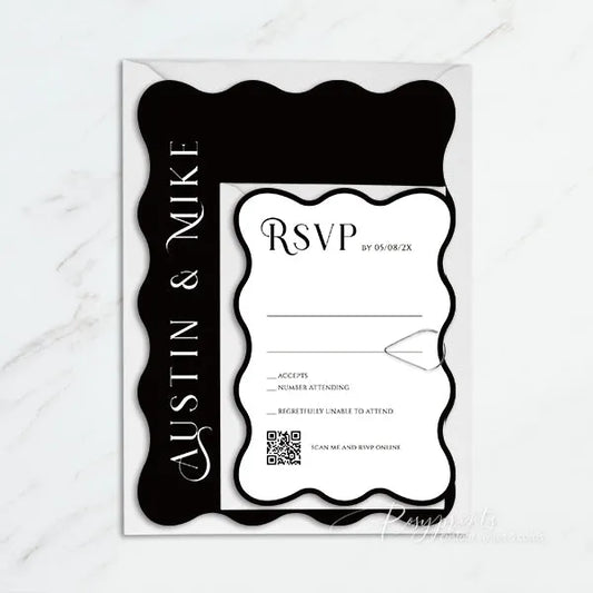 wave shape black white and ivory overlay wedding invitations RPS51 - Rosy Prints
