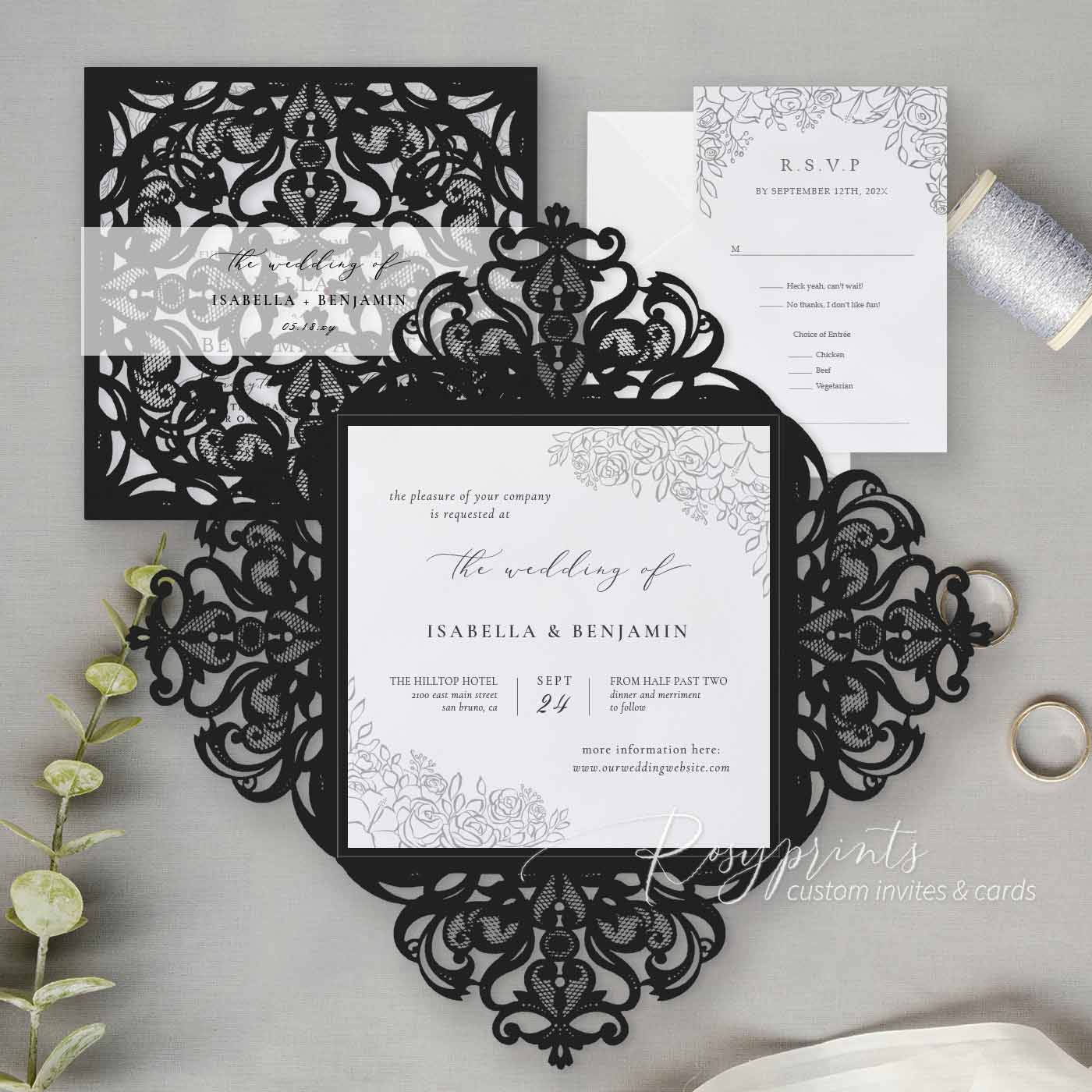 affordable black and white rose pocket wedding invitations