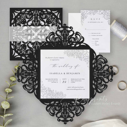 affordable black and white rose pocket wedding invitations