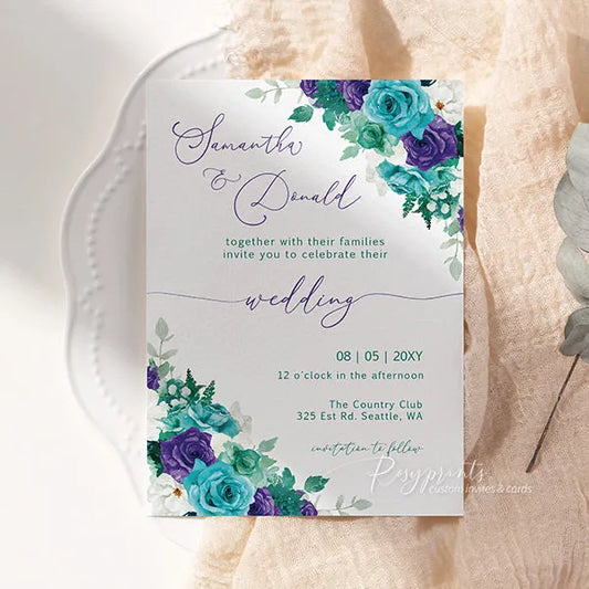 affordable purple and teal floral wedding invitations
