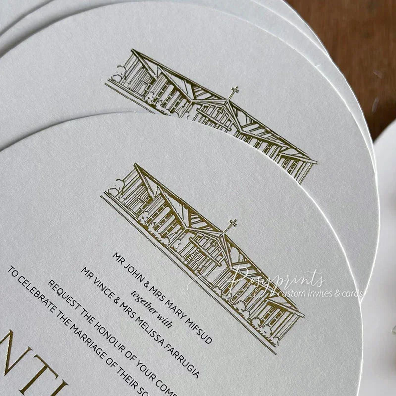 arch gold foil wedding invitations with venue sketch