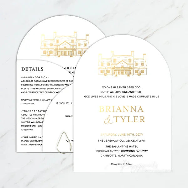 arched gold foil wedding invitations with venue sketch