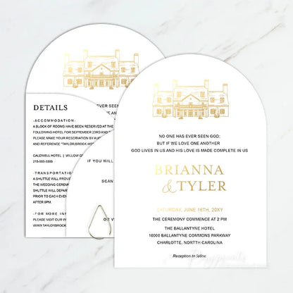 arched gold foil wedding invitations with venue sketch