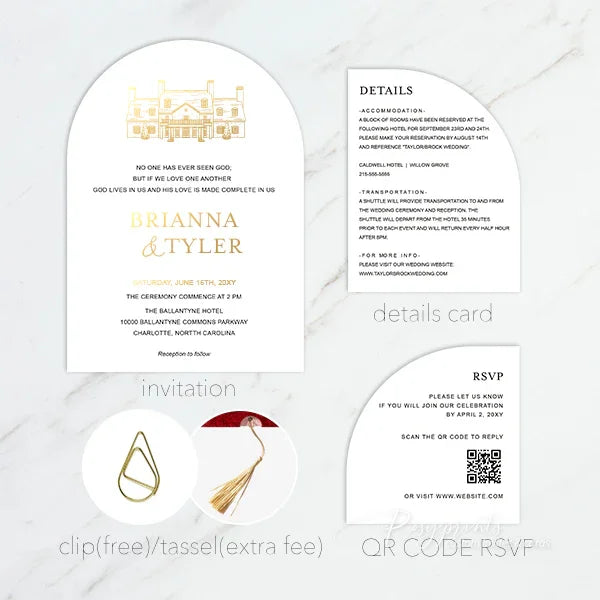 arched gold foil wedding invitations with venue sketch