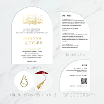 arched gold foil wedding invitations with venue sketch