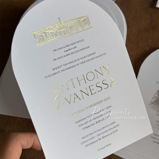arch gold foil wedding invitations with venue sketch
