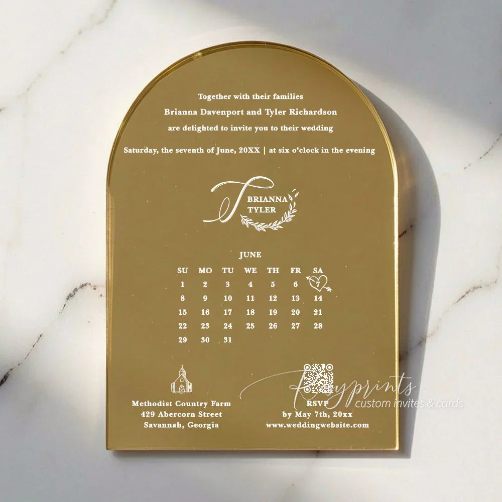 white and gold mirror arched acrylic wedding invitations