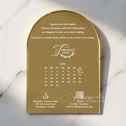 white and gold mirror arched acrylic wedding invitations
