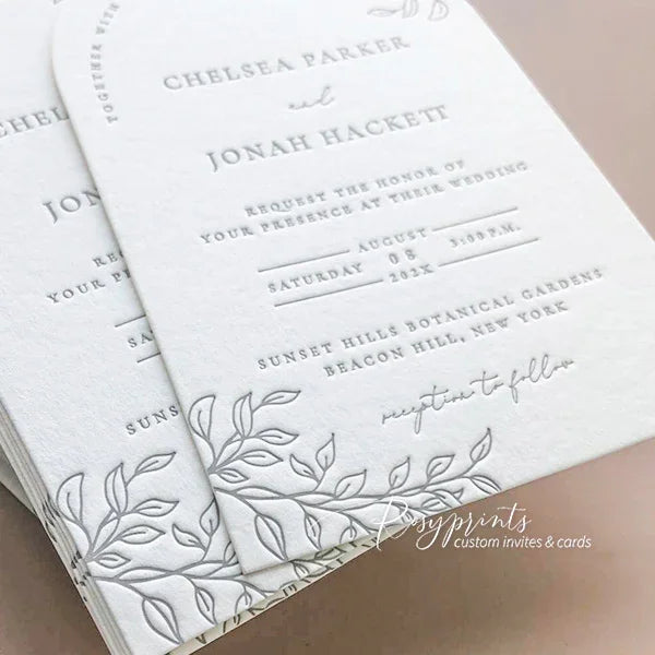 arch shape rustic leaves letter press wedding invites save the dates