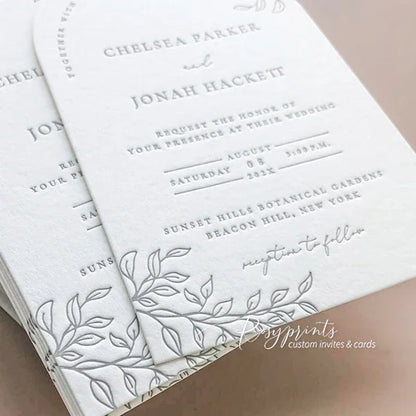 arch shape rustic leaves letter press wedding invites save the dates