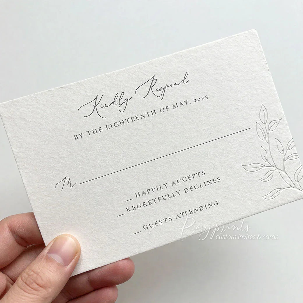 arch shape rustic leaves letter press wedding rsvp card