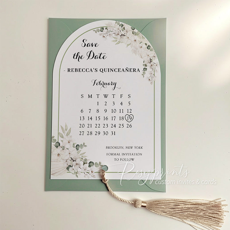 boho sage green quince wedding save the date invitations
