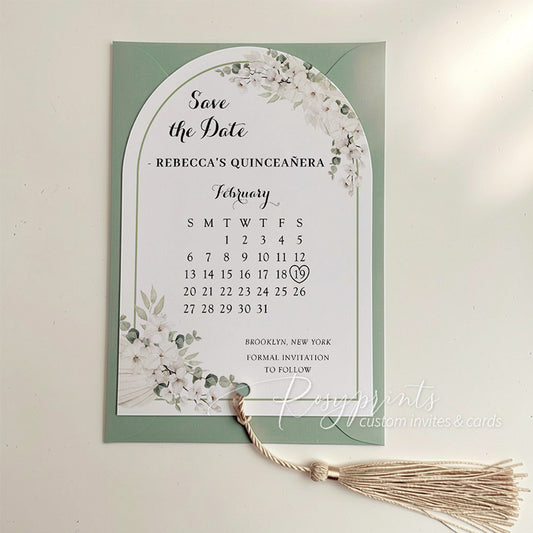 boho sage green quince wedding save the date invitations