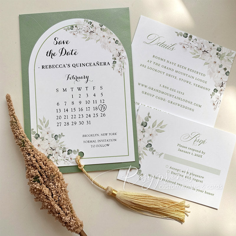 boho sage green quince wedding save the date invitations