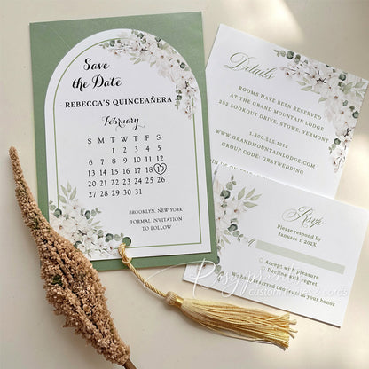 boho sage green quince wedding save the date invitations