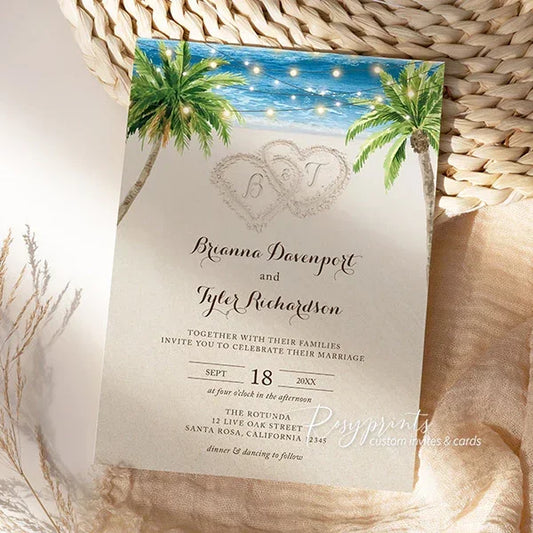 beach sand hearts tropical palm tree wedding invitations