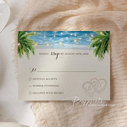 beach sand hearts tropical palm tree wedding invitations