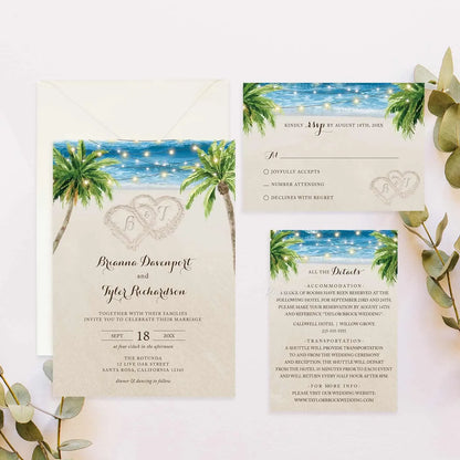 beach sand hearts tropical palm tree wedding invitations