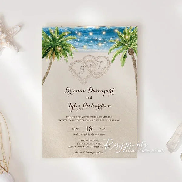 beach sand hearts tropical palm tree wedding invitations
