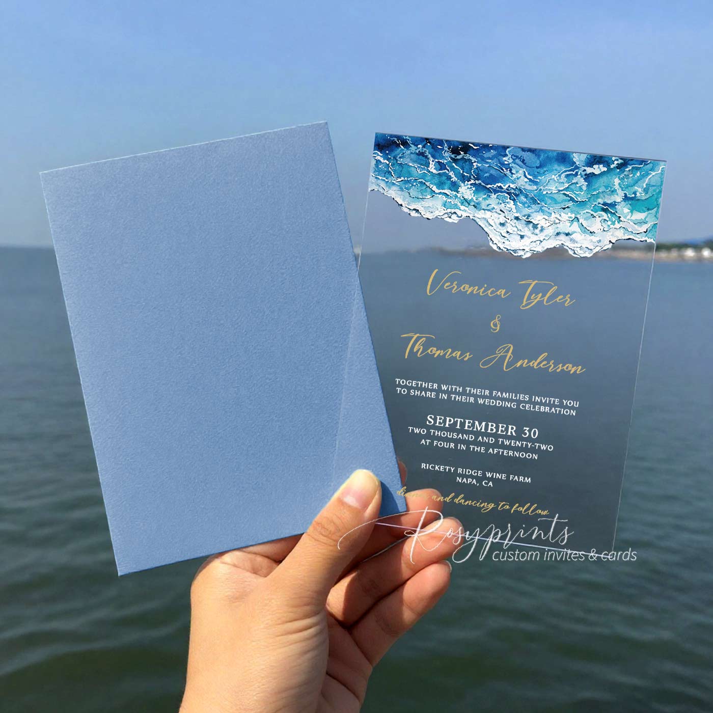 beach ocean wave clear acrylic wedding invitations