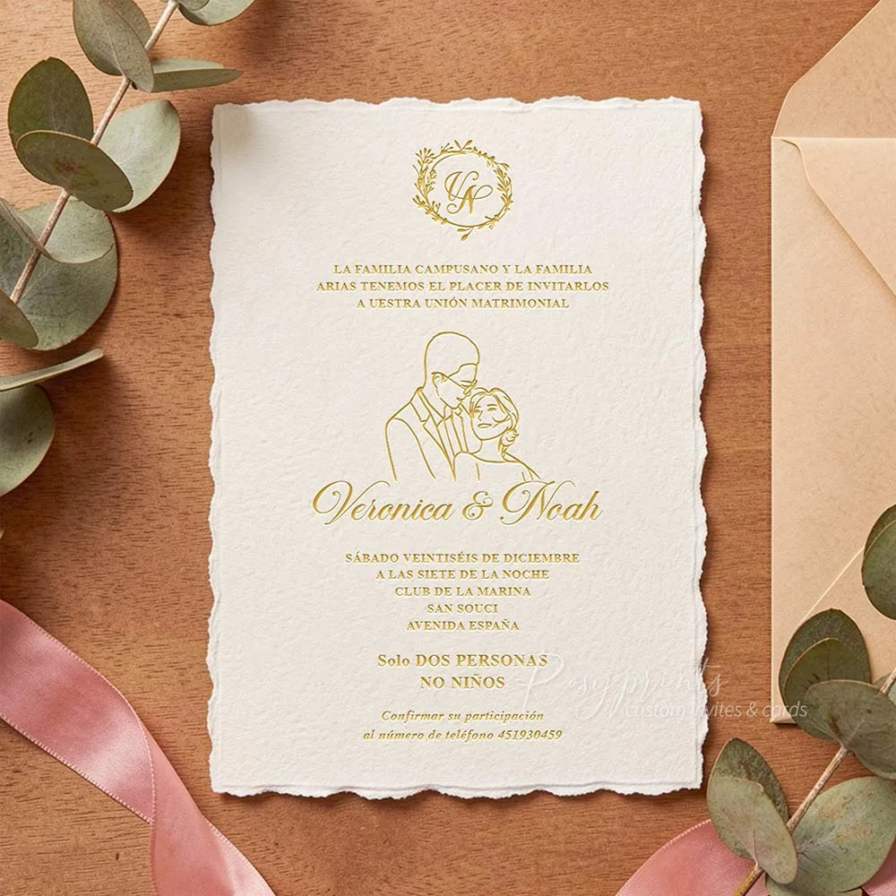 bespoke couple illustrated hand drawn letterpress wedding invitations with deckled edge