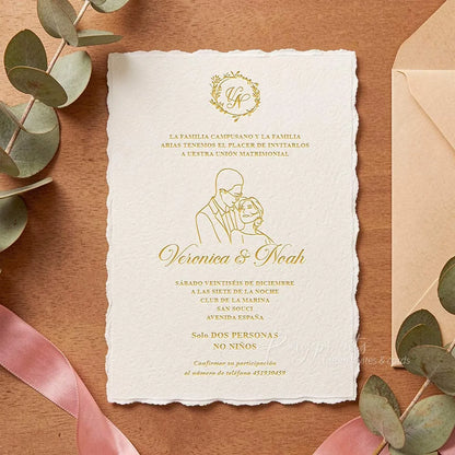 bespoke couple illustrated hand drawn letterpress wedding invitations with deckled edge