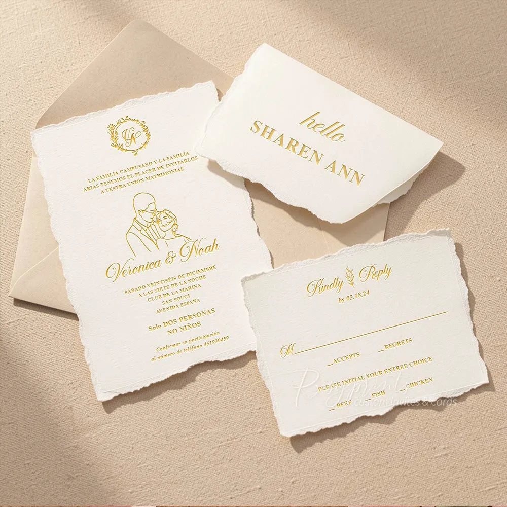 bespoke couple illustrated hand drawn letterpress wedding invitations with deckled edge