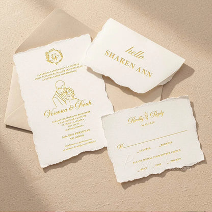 bespoke couple illustrated hand drawn letterpress wedding invitations with deckled edge